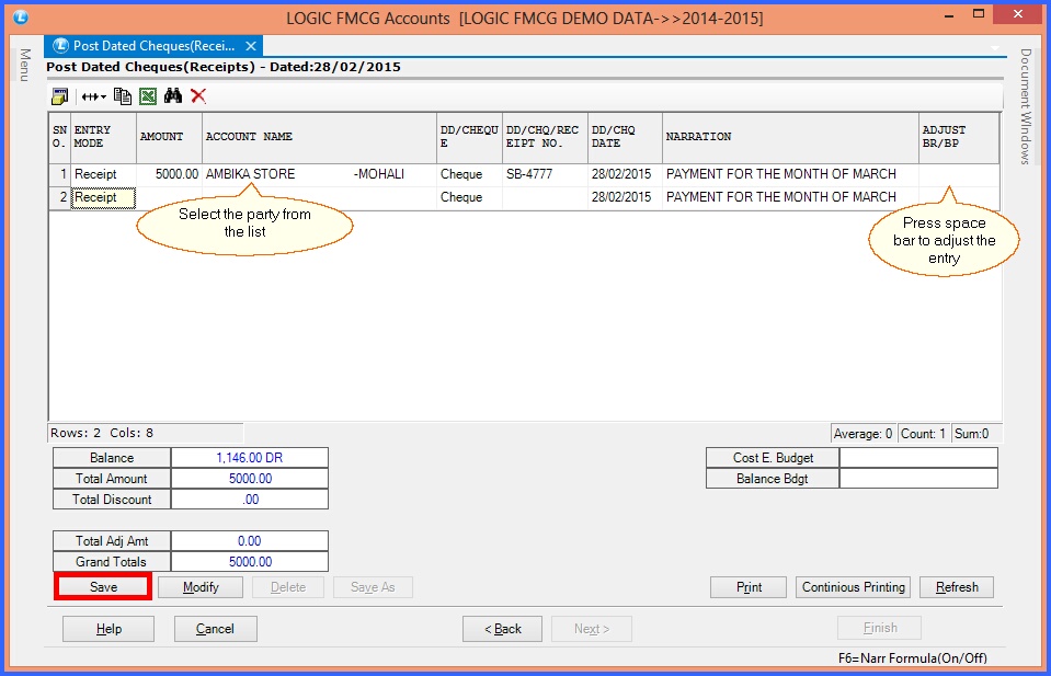 fmcg post dated cheques receipts account details